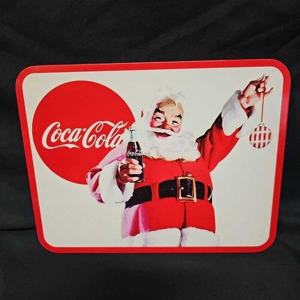 vtg retro tin Coca Cola Classic Santa drinking coke  ornament hanger